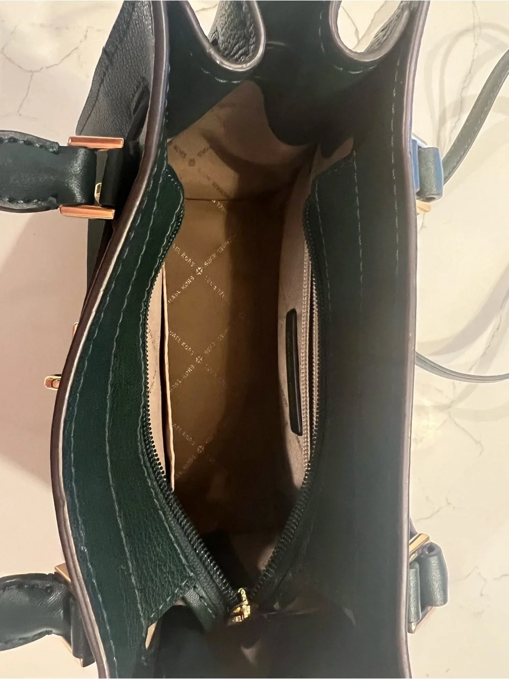 MICHAEL KORS Deep Green Leather Satchel with Gold Hardware